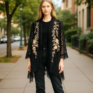 NWOT JOHNNY WAS BIYA Black Lace Kimono with Gold Floral Embroidery S